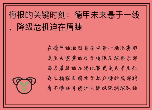 梅根的关键时刻：德甲未来悬于一线，降级危机迫在眉睫