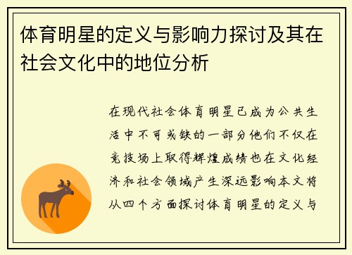体育明星的定义与影响力探讨及其在社会文化中的地位分析